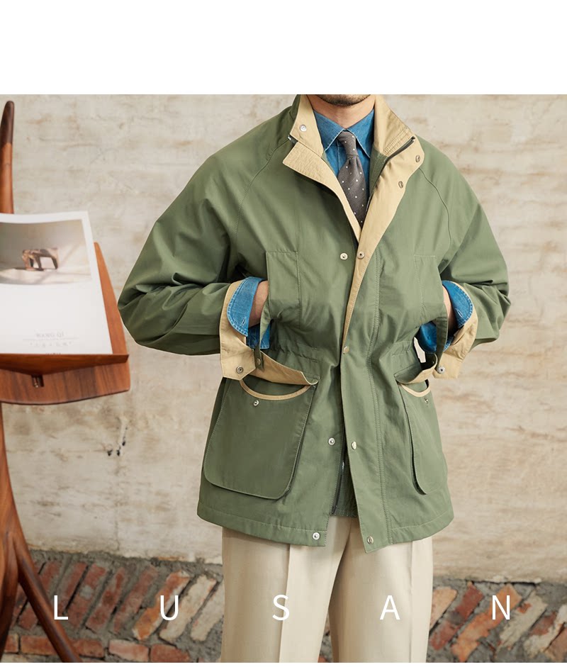 Gentry Multi-Pocket Drawstring Waist Retro Hunting Jacket M65 Casual Collar Jacket Trendy Men