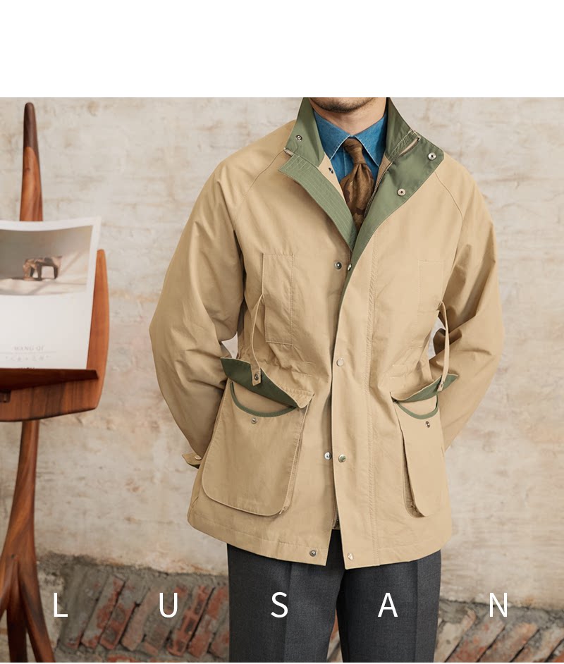 Gentry Multi-Pocket Drawstring Waist Retro Hunting Jacket M65 Casual Collar Jacket Trendy Men