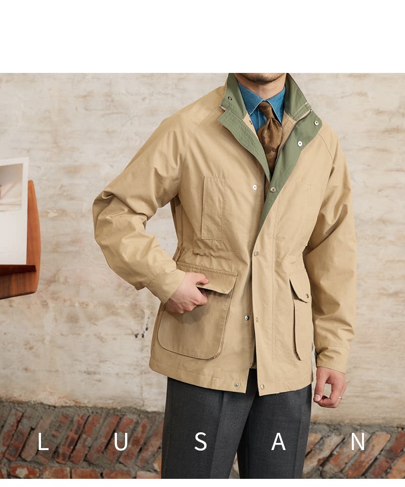 Gentry Multi-Pocket Drawstring Waist Retro Hunting Jacket M65 Casual Collar Jacket Trendy Men