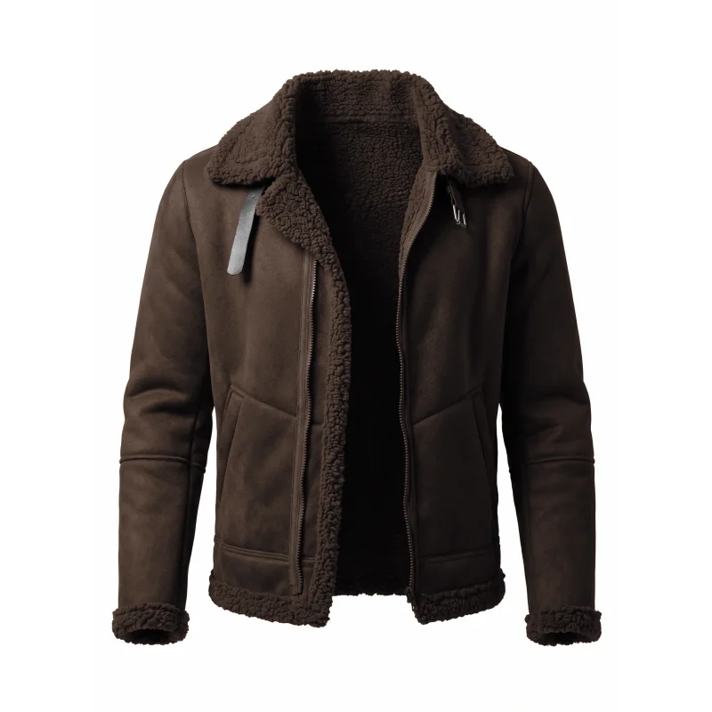 Men's Faux Suede & Fur Collar Winter Jacket | Windproof Belted Zip Streetwear Coat | Thick Warm Hiking Outdoor Wear Soft Male