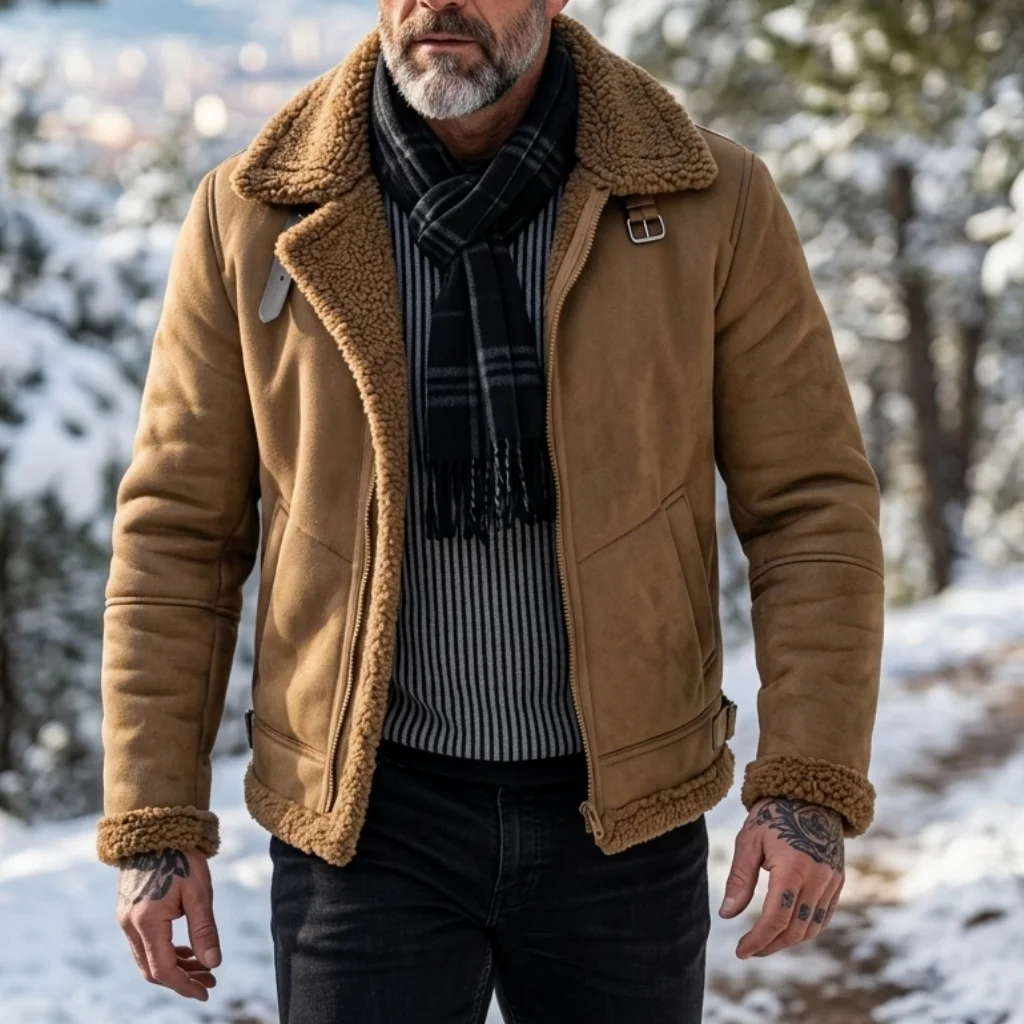 Men's Faux Suede & Fur Collar Winter Jacket | Windproof Belted Zip Streetwear Coat | Thick Warm Hiking Outdoor Wear Soft Male