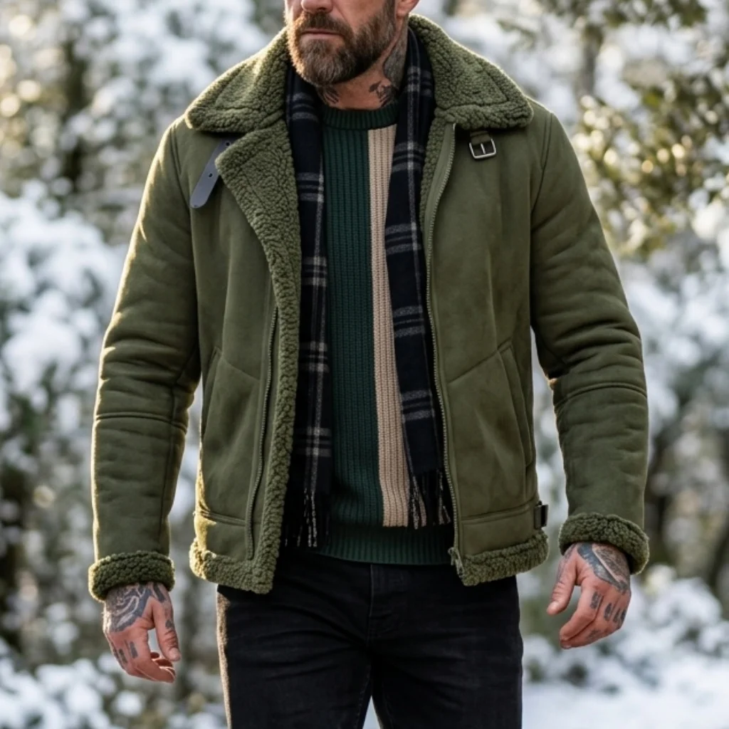 Men's Faux Suede & Fur Collar Winter Jacket | Windproof Belted Zip Streetwear Coat | Thick Warm Hiking Outdoor Wear Soft Male