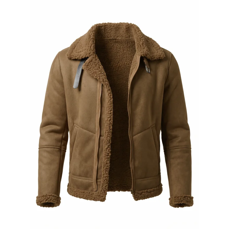 Men's Faux Suede & Fur Collar Winter Jacket | Windproof Belted Zip Streetwear Coat | Thick Warm Hiking Outdoor Wear Soft Male