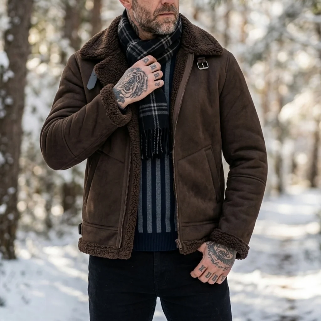 Men's Faux Suede & Fur Collar Winter Jacket | Windproof Belted Zip Streetwear Coat | Thick Warm Hiking Outdoor Wear Soft Male