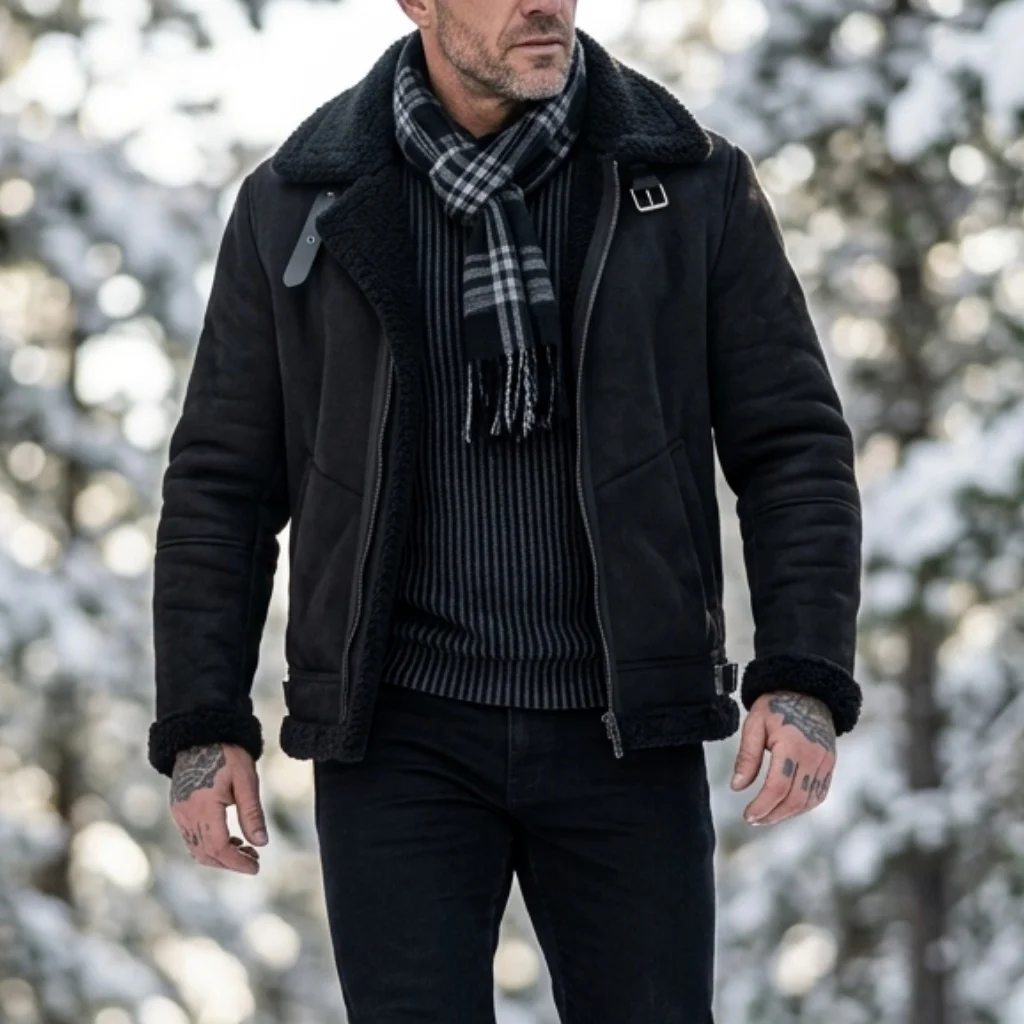 Men's Faux Suede & Fur Collar Winter Jacket | Windproof Belted Zip Streetwear Coat | Thick Warm Hiking Outdoor Wear Soft Male