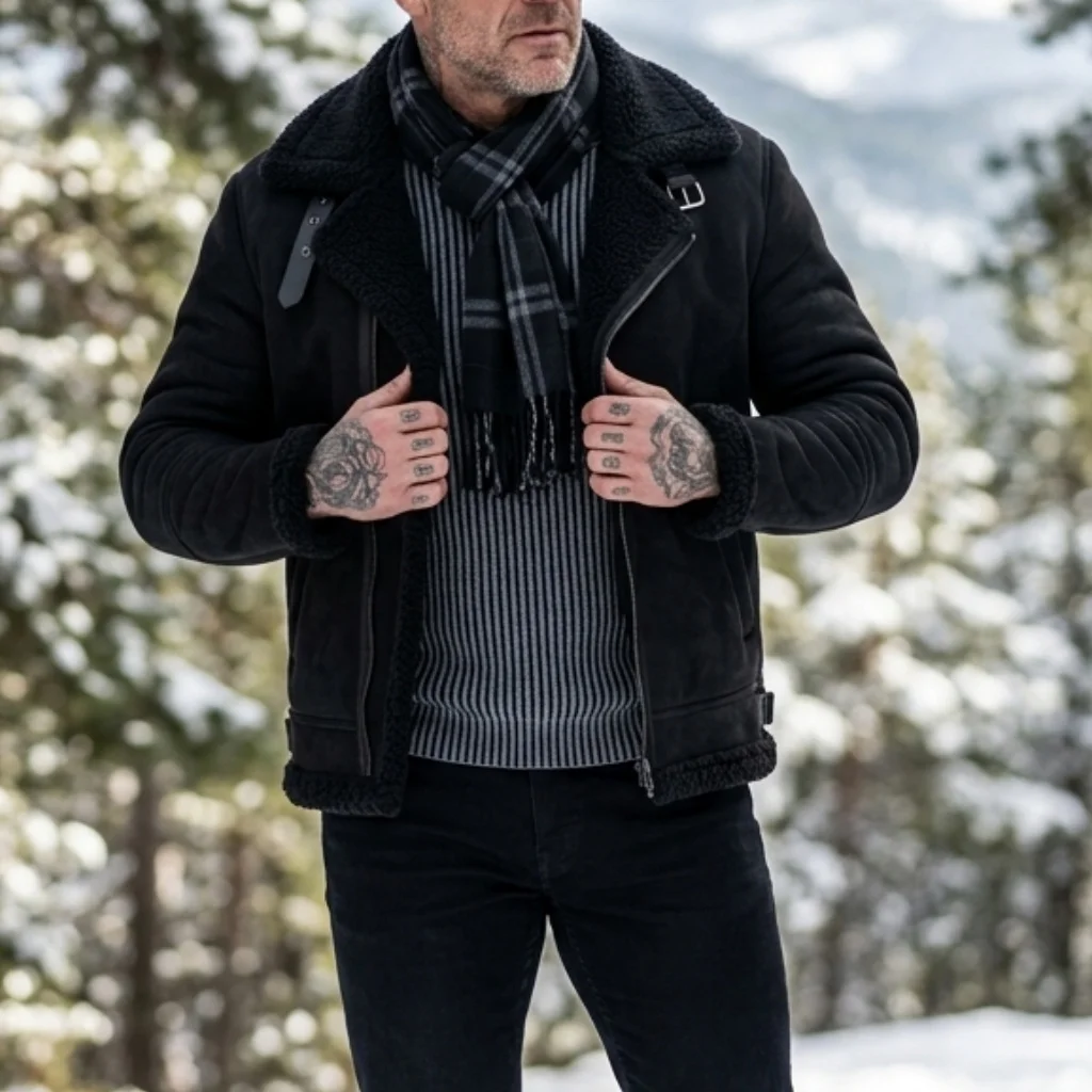 Men's Faux Suede & Fur Collar Winter Jacket | Windproof Belted Zip Streetwear Coat | Thick Warm Hiking Outdoor Wear Soft Male