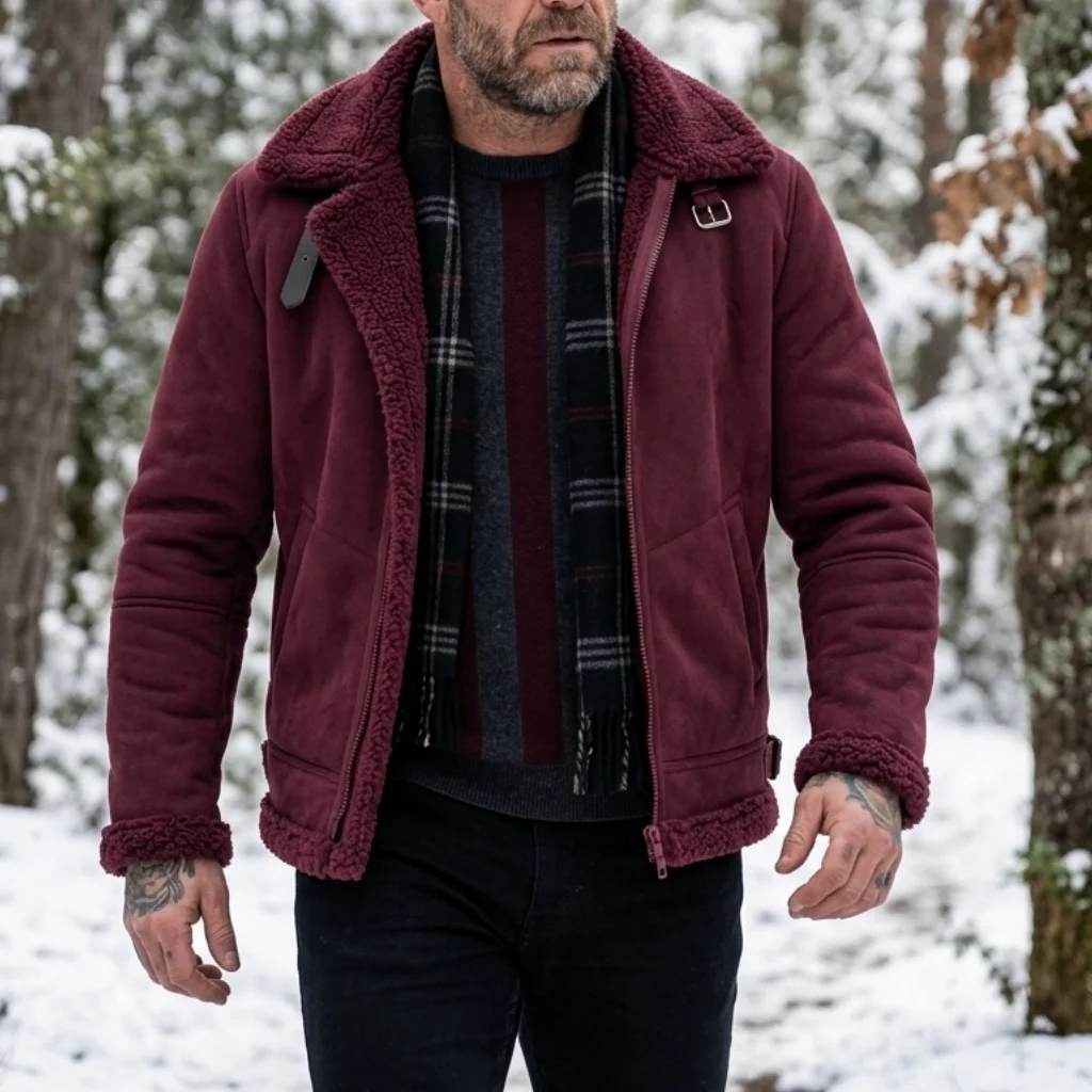 Men's Faux Suede & Fur Collar Winter Jacket | Windproof Belted Zip Streetwear Coat | Thick Warm Hiking Outdoor Wear Soft Male