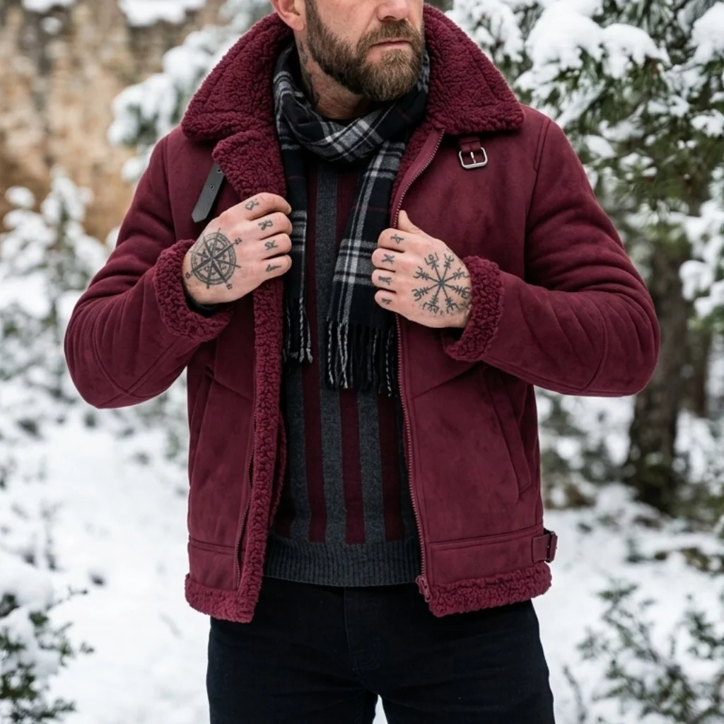 Men's Faux Suede & Fur Collar Winter Jacket | Windproof Belted Zip Streetwear Coat | Thick Warm Hiking Outdoor Wear Soft Male