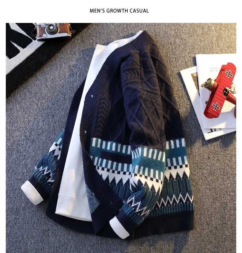 Japanese Cardigan Retro Patchwork V-neck Knitted Sweater Warm Men Women New Fashion Casual Loose Knitwear Jackets Brand Clothing