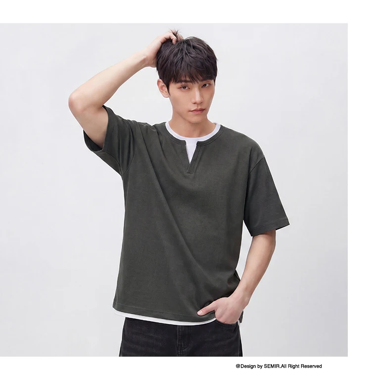 Semir Men Tshirt Short Sleeve V Neck Colorblock Waffle Knit 2026 Autumn Loose Casual Style Pullover Everyday Top