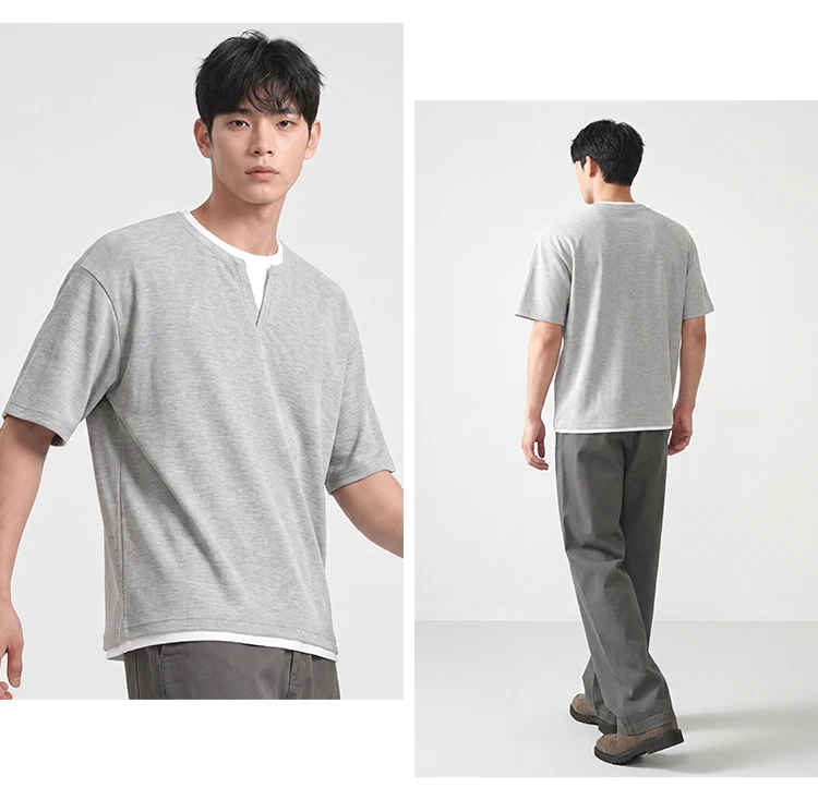 Semir Men Tshirt Short Sleeve V Neck Colorblock Waffle Knit 2026 Autumn Loose Casual Style Pullover Everyday Top