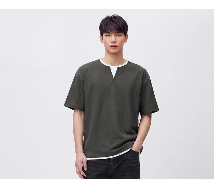 Semir Men Tshirt Short Sleeve V Neck Colorblock Waffle Knit 2026 Autumn Loose Casual Style Pullover Everyday Top