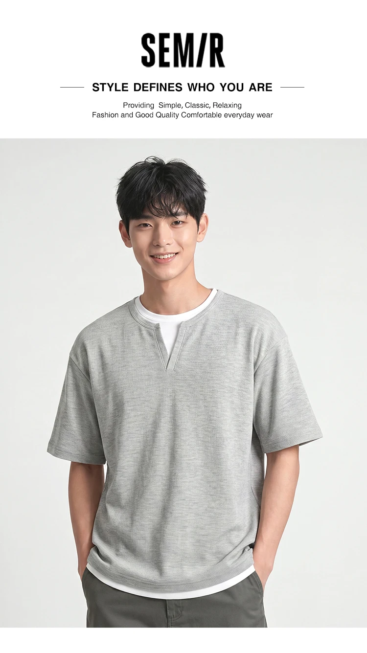 Semir Men Tshirt Short Sleeve V Neck Colorblock Waffle Knit 2026 Autumn Loose Casual Style Pullover Everyday Top