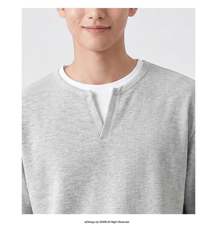 Semir Men Tshirt Short Sleeve V Neck Colorblock Waffle Knit 2026 Autumn Loose Casual Style Pullover Everyday Top