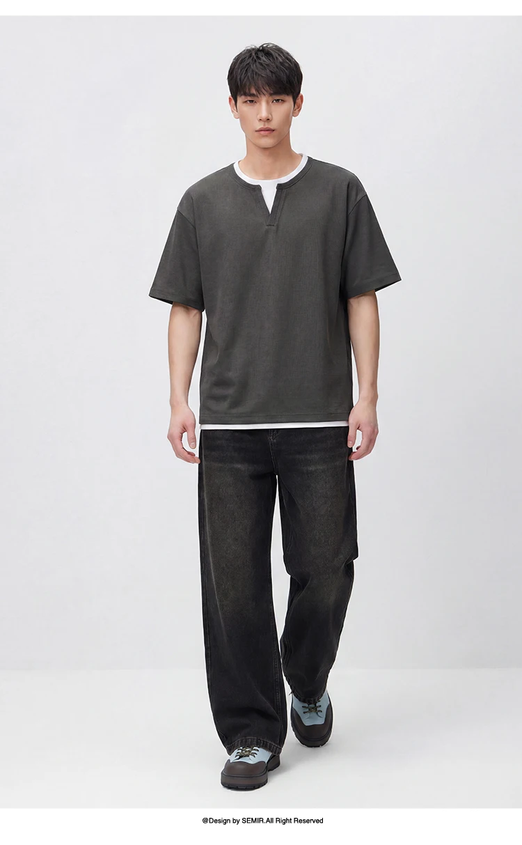 Semir Men Tshirt Short Sleeve V Neck Colorblock Waffle Knit 2026 Autumn Loose Casual Style Pullover Everyday Top