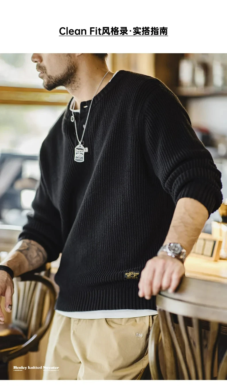 Maden Workwear American Retro Black Knitted Henley Shirt Vertical Stripe Pullover Sweater for Men Autumn and Winter