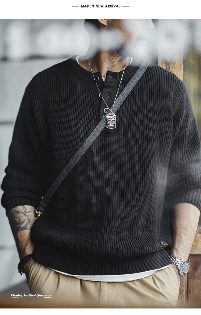 Maden Workwear American Retro Black Knitted Henley Shirt Vertical Stripe Pullover Sweater for Men Autumn and Winter