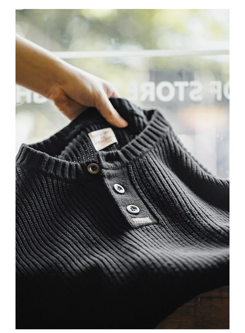 Maden Workwear American Retro Black Knitted Henley Shirt Vertical Stripe Pullover Sweater for Men Autumn and Winter