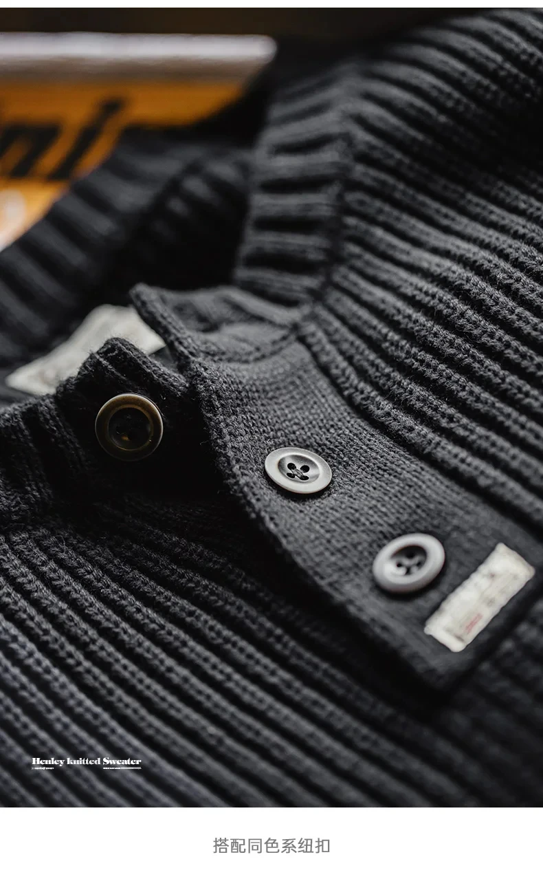 Maden Workwear American Retro Black Knitted Henley Shirt Vertical Stripe Pullover Sweater for Men Autumn and Winter