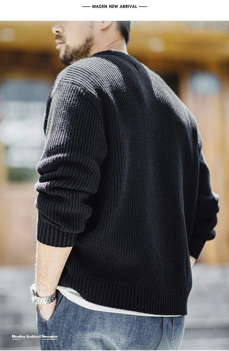 Maden Workwear American Retro Black Knitted Henley Shirt Vertical Stripe Pullover Sweater for Men Autumn and Winter