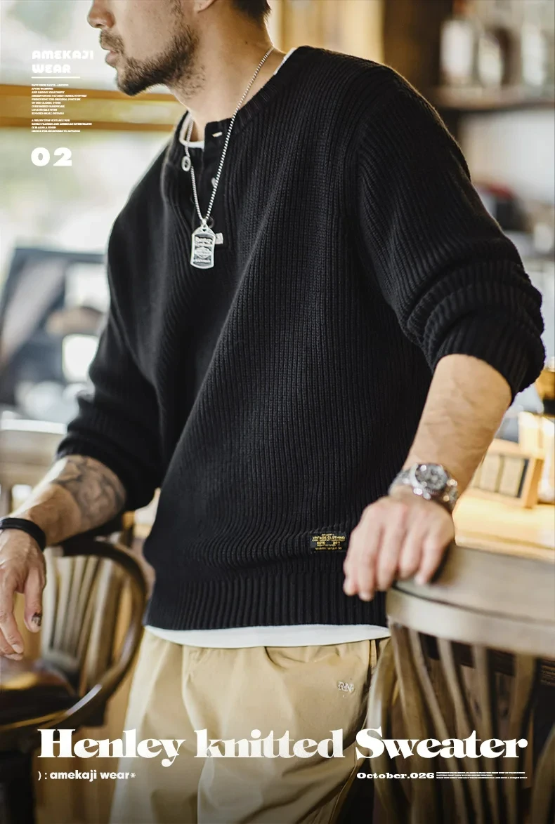 Maden Workwear American Retro Black Knitted Henley Shirt Vertical Stripe Pullover Sweater for Men Autumn and Winter
