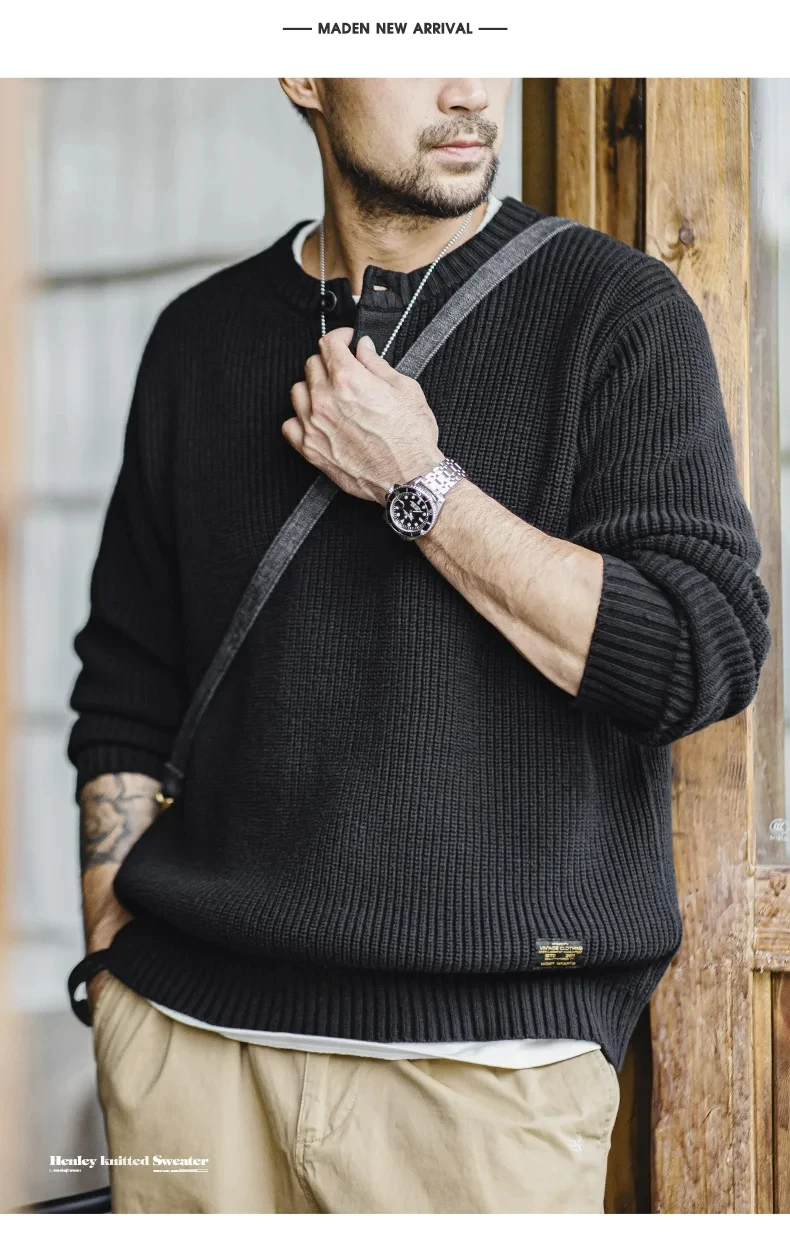 Maden Workwear American Retro Black Knitted Henley Shirt Vertical Stripe Pullover Sweater for Men Autumn and Winter