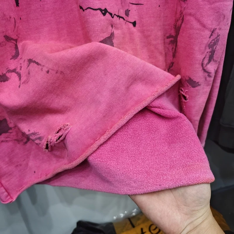 Men's Saint Retro Cotton Hoodie Pink Oversized Distressed Sweatshirt Casual Street Fashion