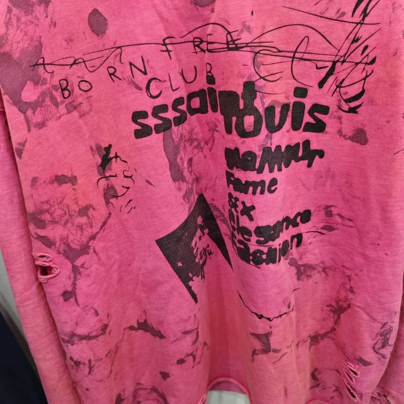 Men's Saint Retro Cotton Hoodie Pink Oversized Distressed Sweatshirt Casual Street Fashion