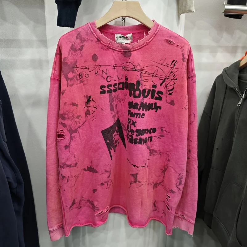 Men's Saint Retro Cotton Hoodie Pink Oversized Distressed Sweatshirt Casual Street Fashion
