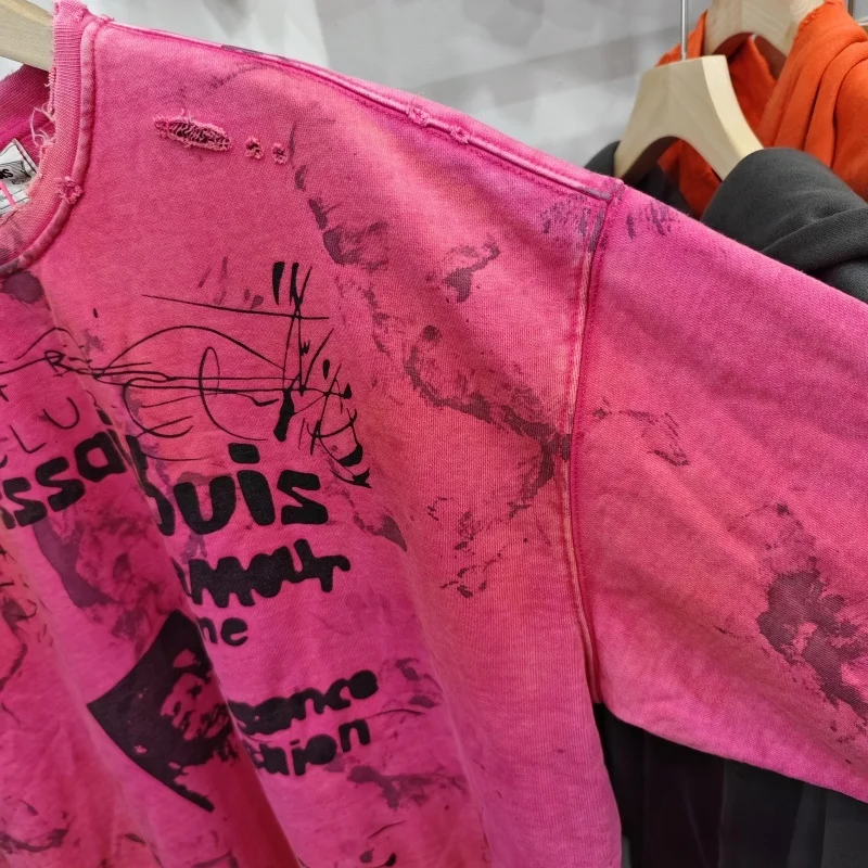 Men's Saint Retro Cotton Hoodie Pink Oversized Distressed Sweatshirt Casual Street Fashion