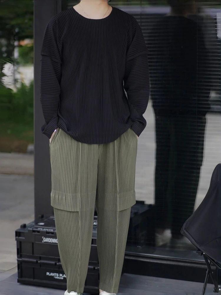 Miyake Pleated Man Loose Cargo Pants Nine-point Pants Fashion Casual Streetwear Miyake Pants