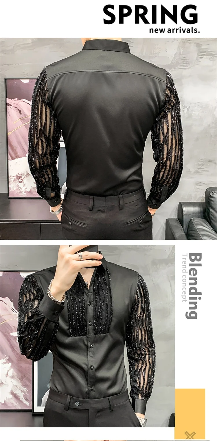 Lace Hollow Shirts for Men Long Sleeve Slim Fit Streetwear Social Party Blouse Nightclub Singer Dj Clothing Camisas Para Hombre