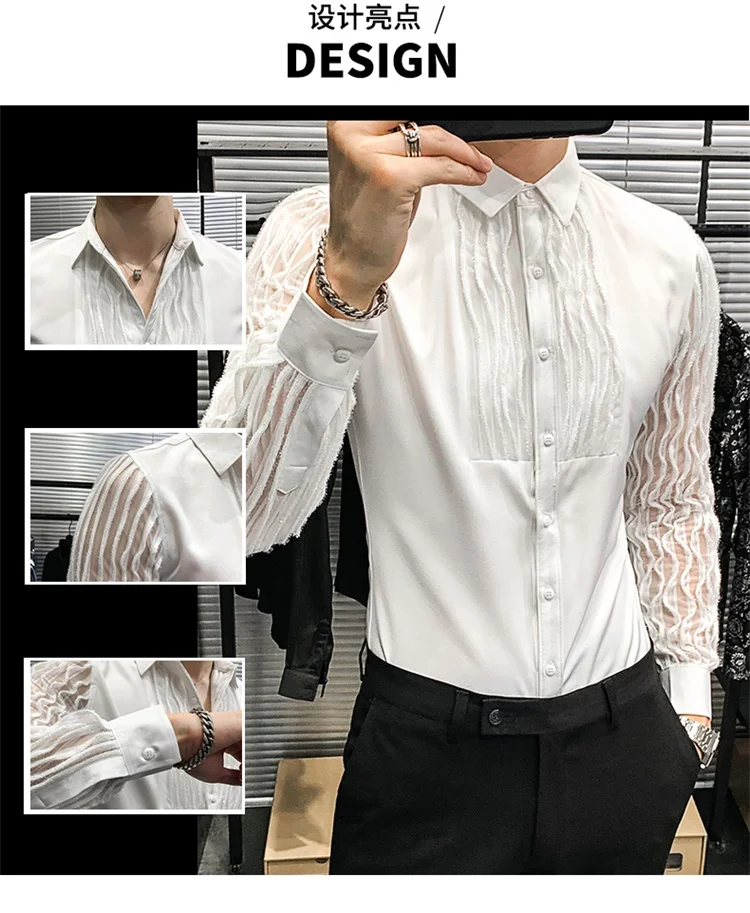 Lace Hollow Shirts for Men Long Sleeve Slim Fit Streetwear Social Party Blouse Nightclub Singer Dj Clothing Camisas Para Hombre
