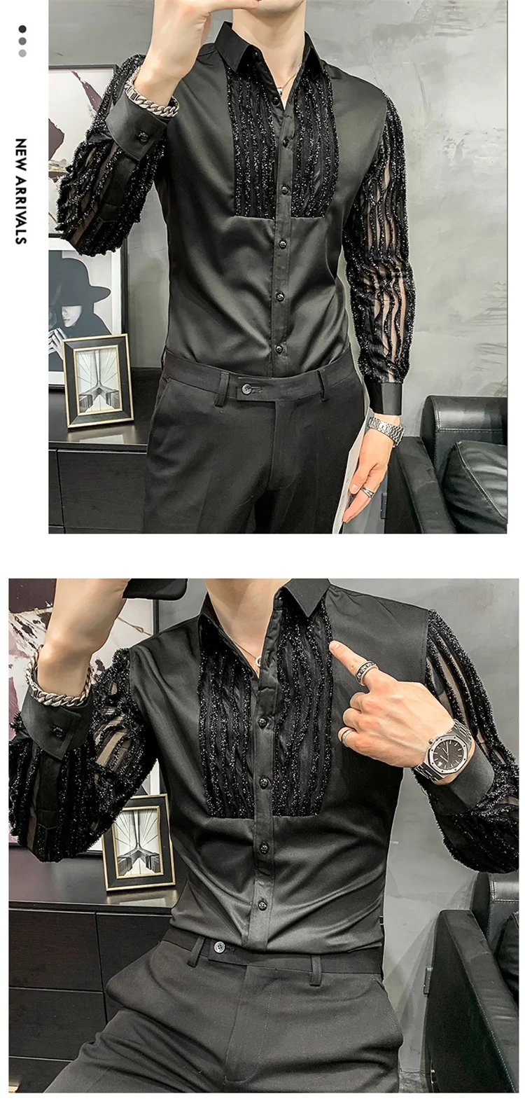 Lace Hollow Shirts for Men Long Sleeve Slim Fit Streetwear Social Party Blouse Nightclub Singer Dj Clothing Camisas Para Hombre