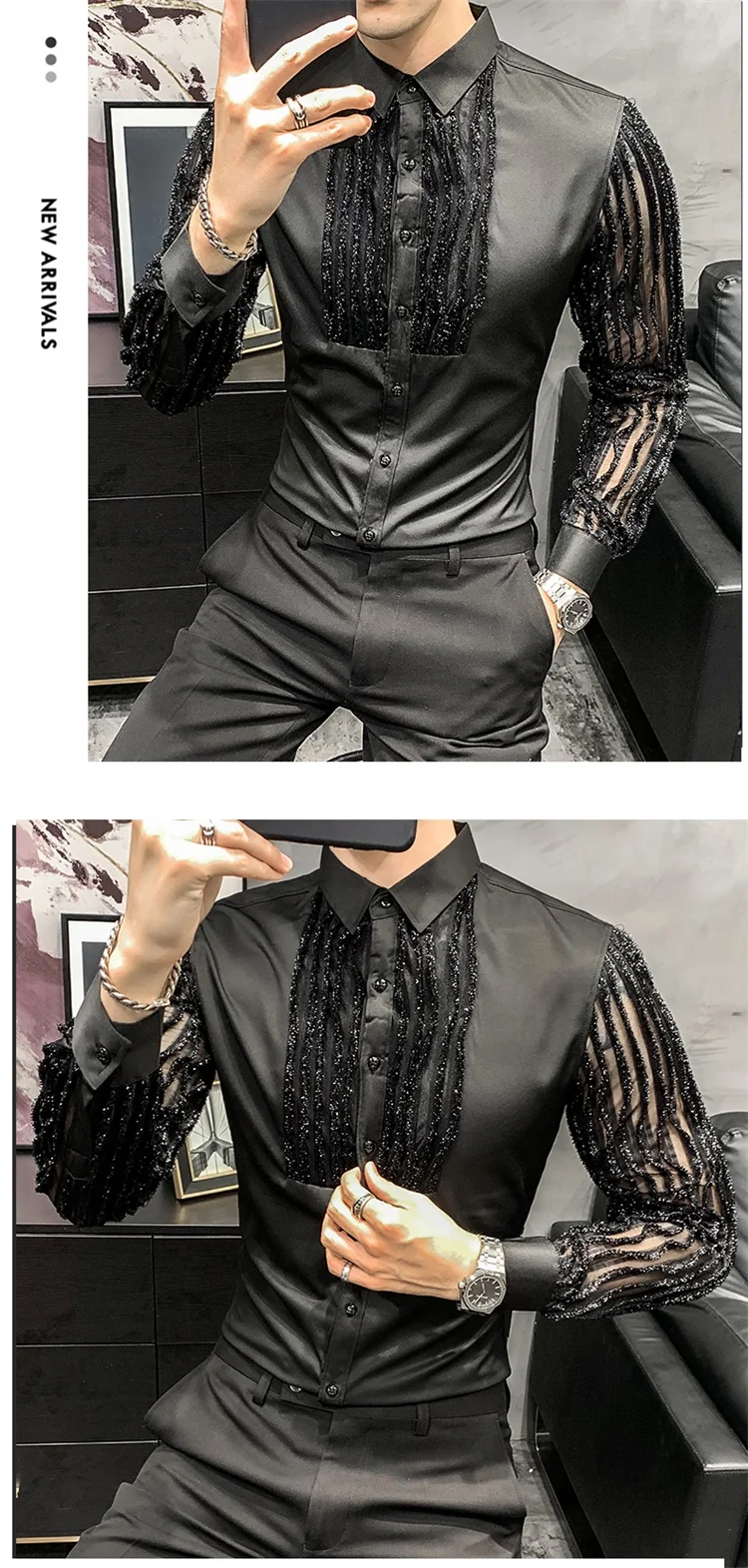 Lace Hollow Shirts for Men Long Sleeve Slim Fit Streetwear Social Party Blouse Nightclub Singer Dj Clothing Camisas Para Hombre