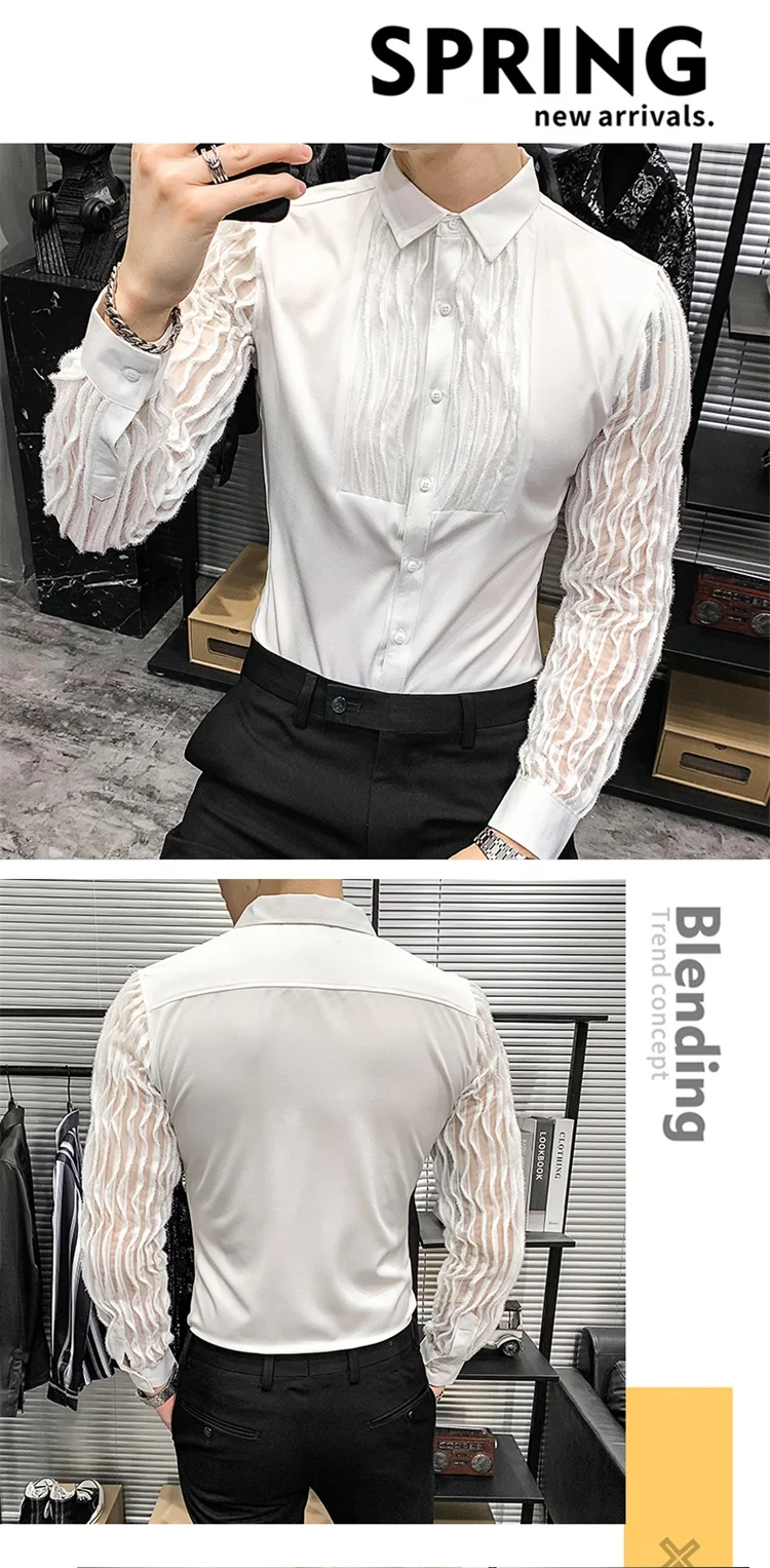 Lace Hollow Shirts for Men Long Sleeve Slim Fit Streetwear Social Party Blouse Nightclub Singer Dj Clothing Camisas Para Hombre