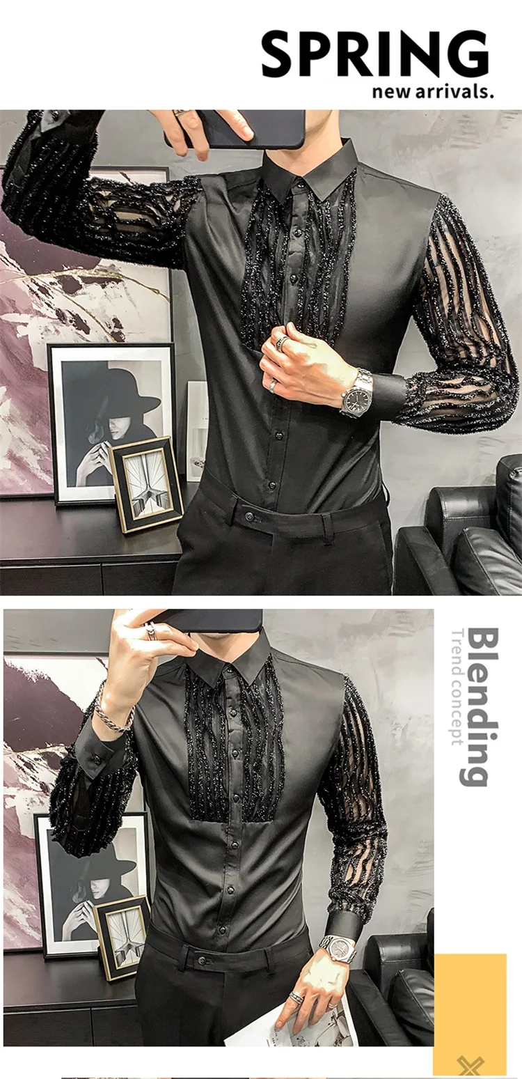 Lace Hollow Shirts for Men Long Sleeve Slim Fit Streetwear Social Party Blouse Nightclub Singer Dj Clothing Camisas Para Hombre