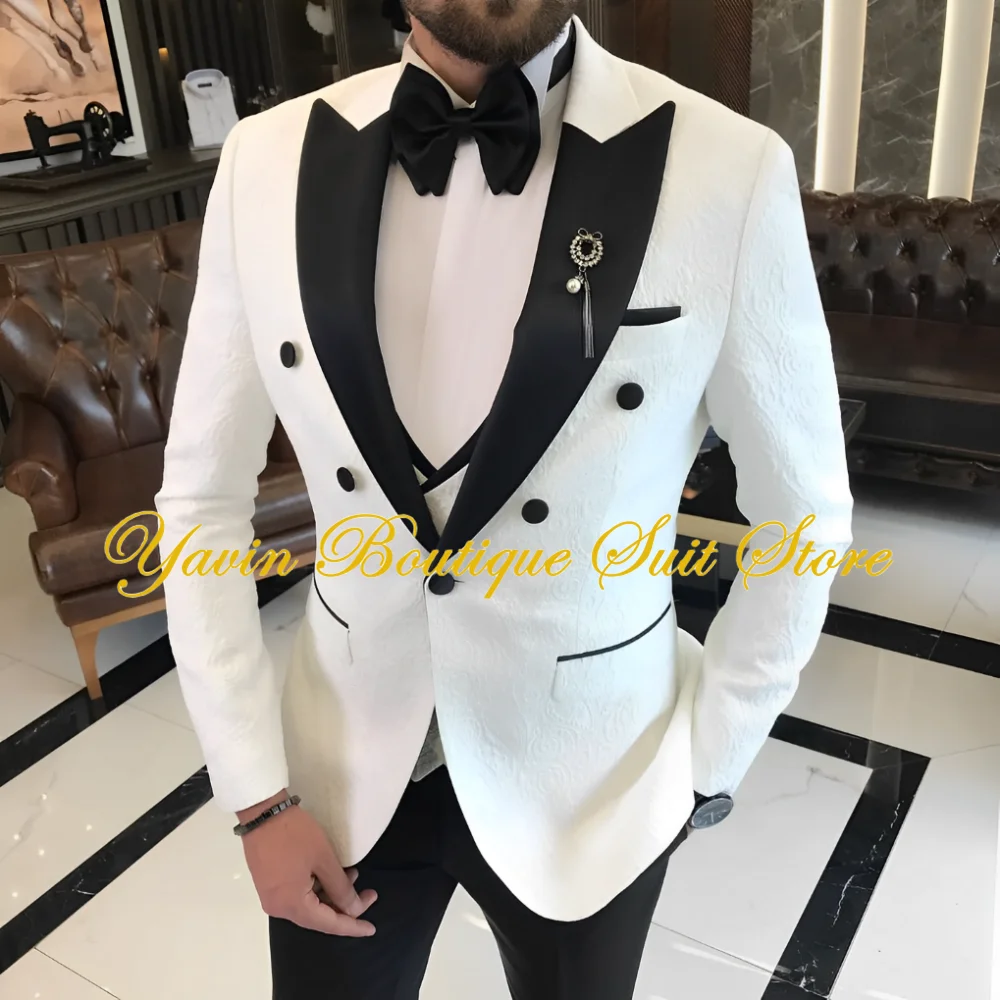 Jacquard Men's Suit 3 Pieces Slim-fit Jacket Vest Pants Prom Peaked Lapel Blazer Custom Made Groom' Wedding Tuxedos