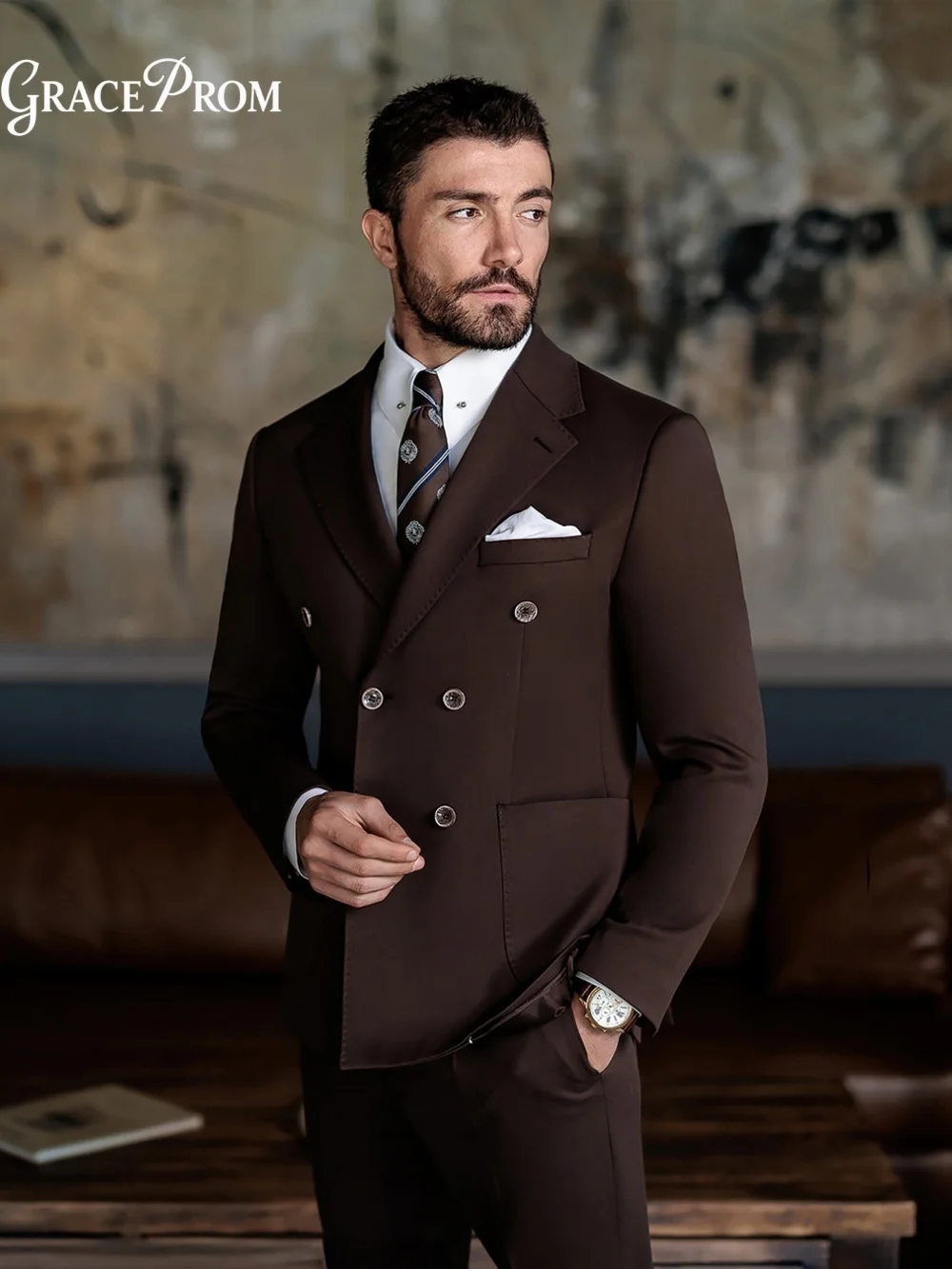 Alluring Dark Coffee Brown Double Breasted 2PCS Mens Tuxedo Notched Lapel Groom Suit For Wedding Prom Graduation Business Event