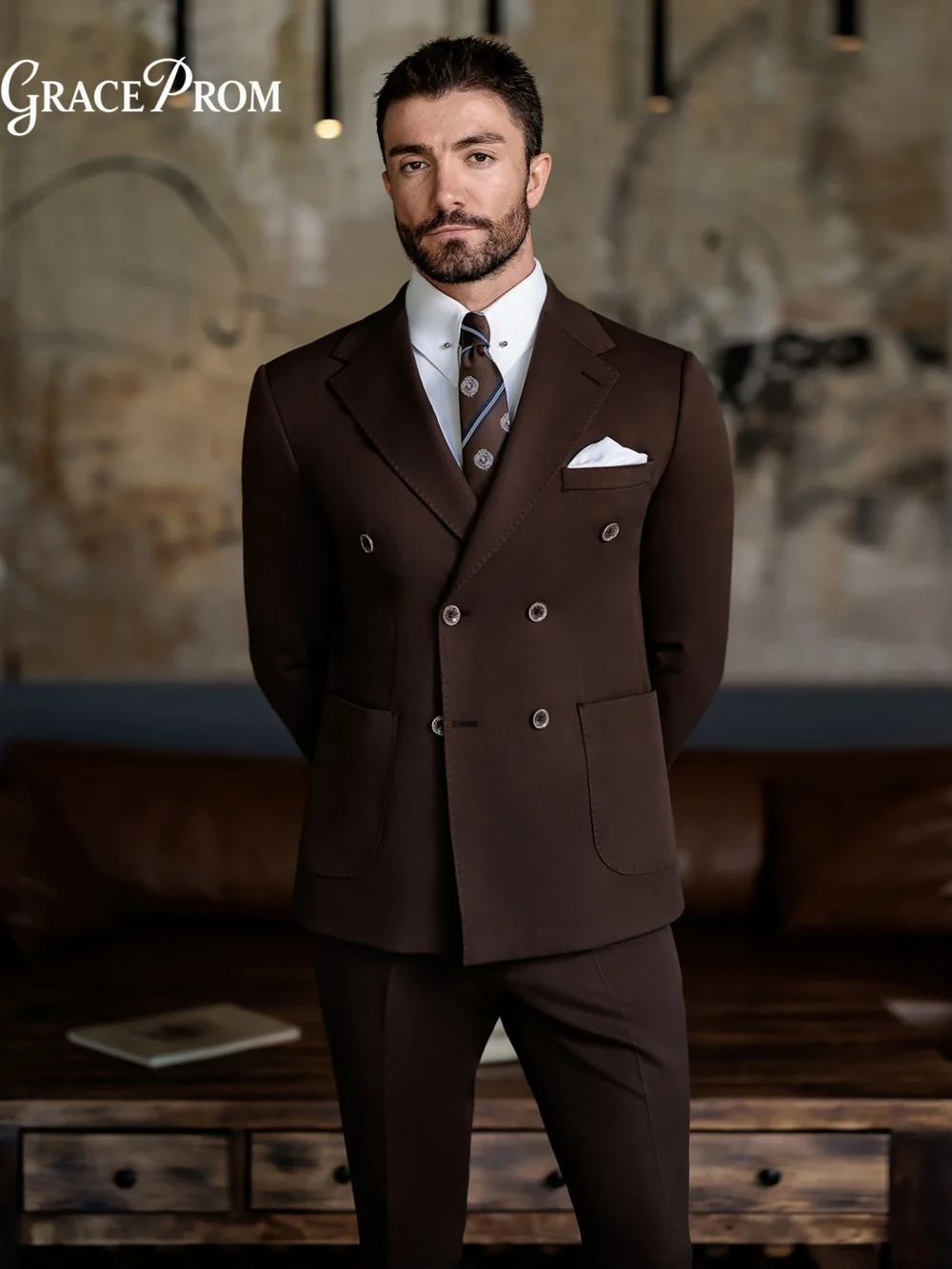 Alluring Dark Coffee Brown Double Breasted 2PCS Mens Tuxedo Notched Lapel Groom Suit For Wedding Prom Graduation Business Event