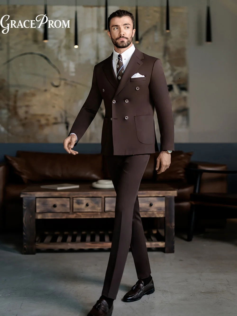 Alluring Dark Coffee Brown Double Breasted 2PCS Mens Tuxedo Notched Lapel Groom Suit For Wedding Prom Graduation Business Event
