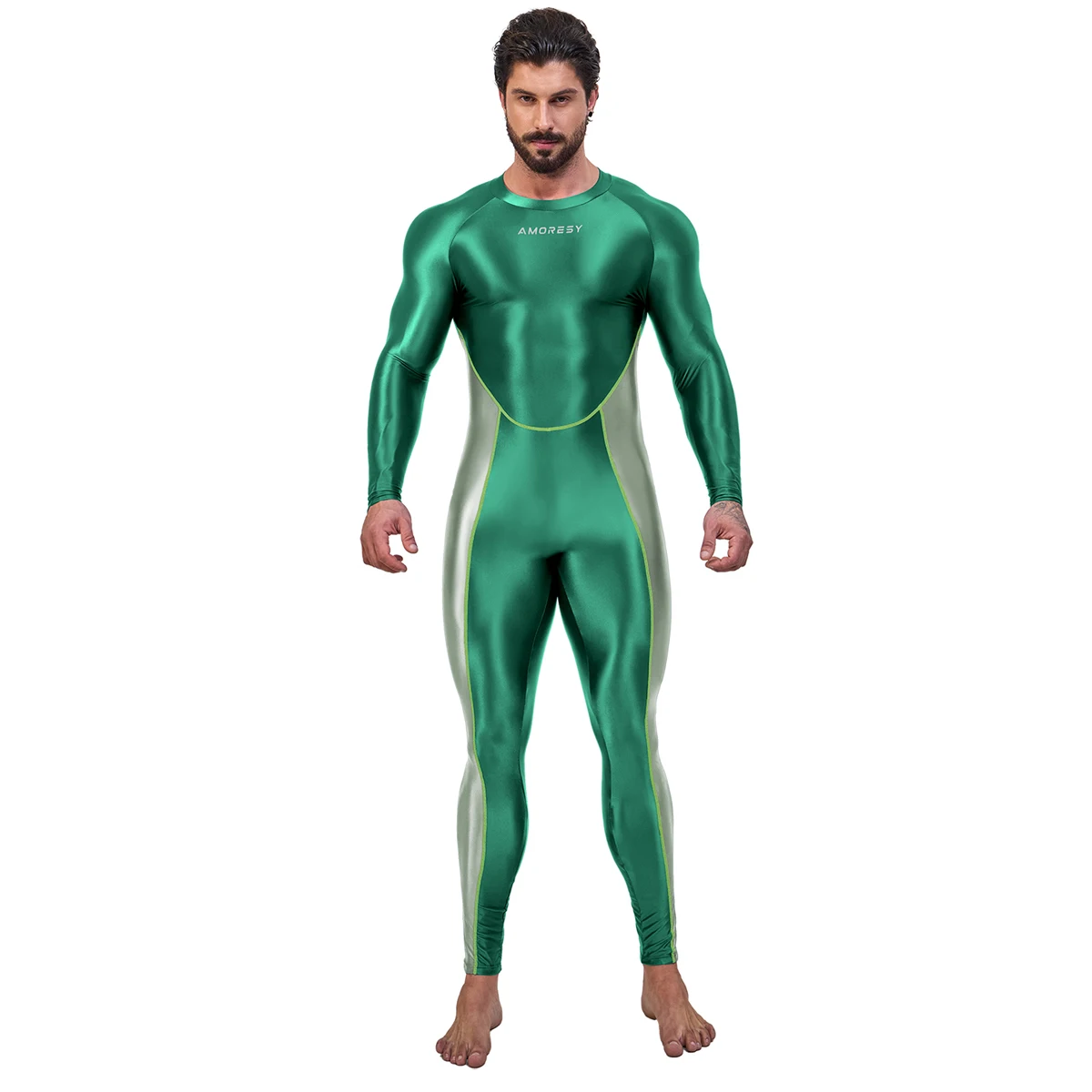 AMORESY Men Oil Glossy Shiny Satin Smooth Sports Tracksuit Long-sleeve Patchwork Bodybuilding Cycling Jumpsuit Bodysuit Catsuit