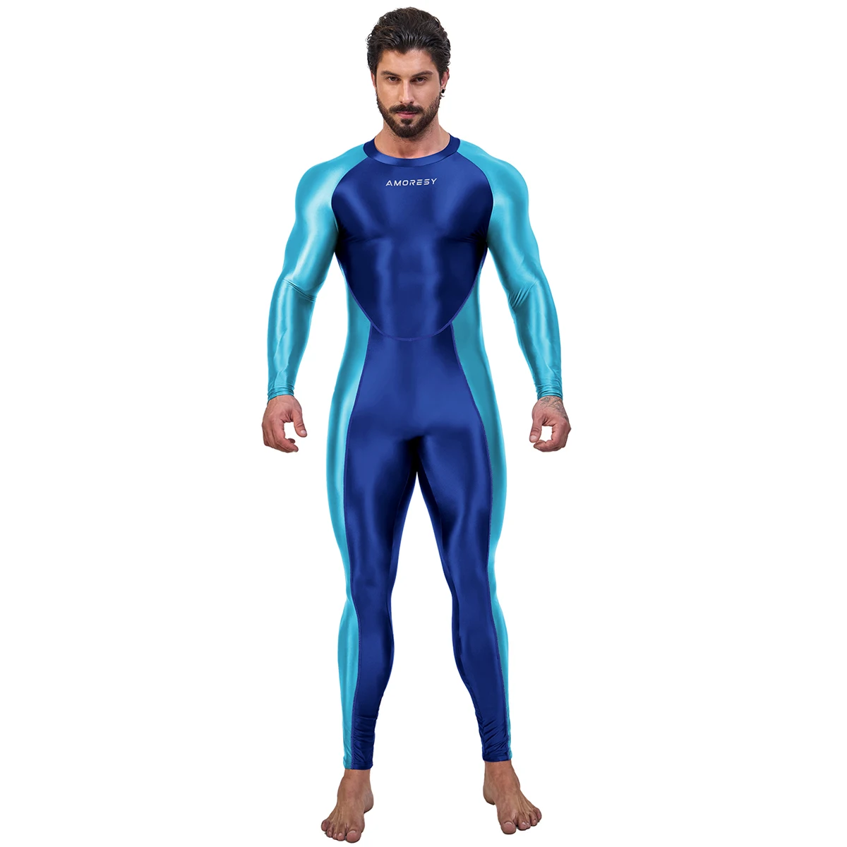 AMORESY Men Oil Glossy Shiny Satin Smooth Sports Tracksuit Long-sleeve Patchwork Bodybuilding Cycling Jumpsuit Bodysuit Catsuit