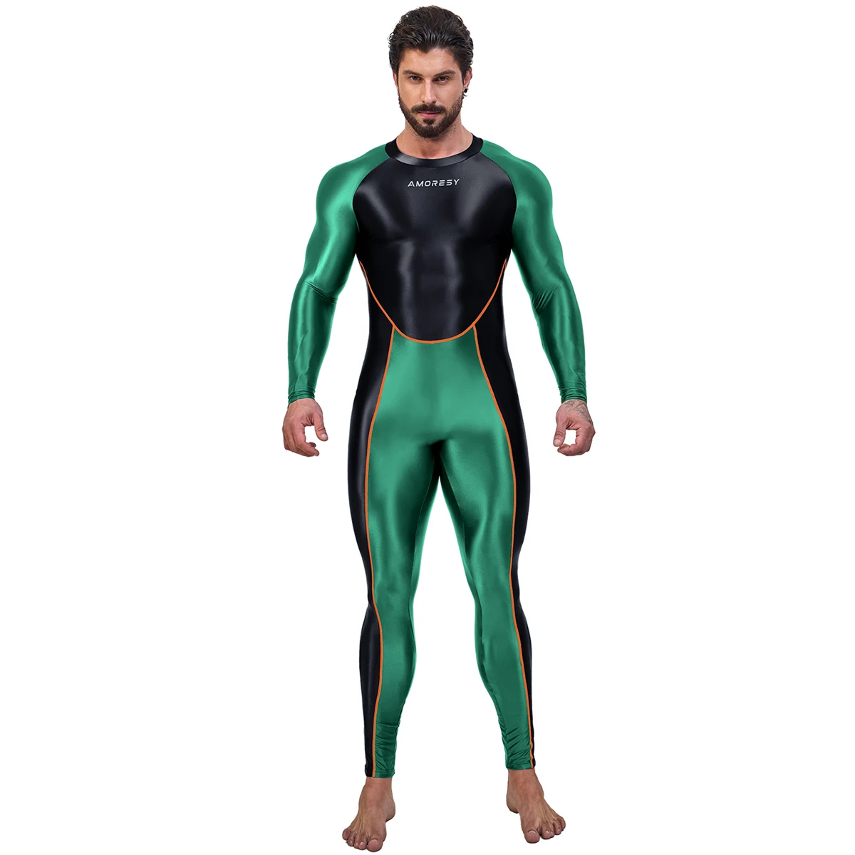 AMORESY Men Oil Glossy Shiny Satin Smooth Sports Tracksuit Long-sleeve Patchwork Bodybuilding Cycling Jumpsuit Bodysuit Catsuit