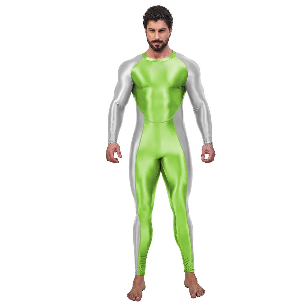 AMORESY Men Oil Glossy Shiny Satin Smooth Sports Tracksuit Long-sleeve Patchwork Bodybuilding Cycling Jumpsuit Bodysuit Catsuit