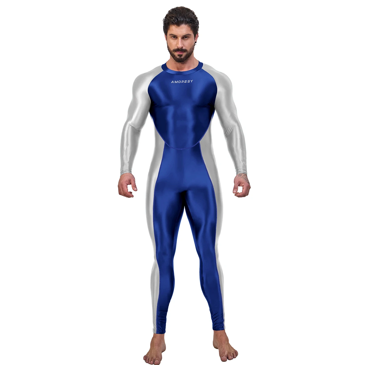 AMORESY Men Oil Glossy Shiny Satin Smooth Sports Tracksuit Long-sleeve Patchwork Bodybuilding Cycling Jumpsuit Bodysuit Catsuit