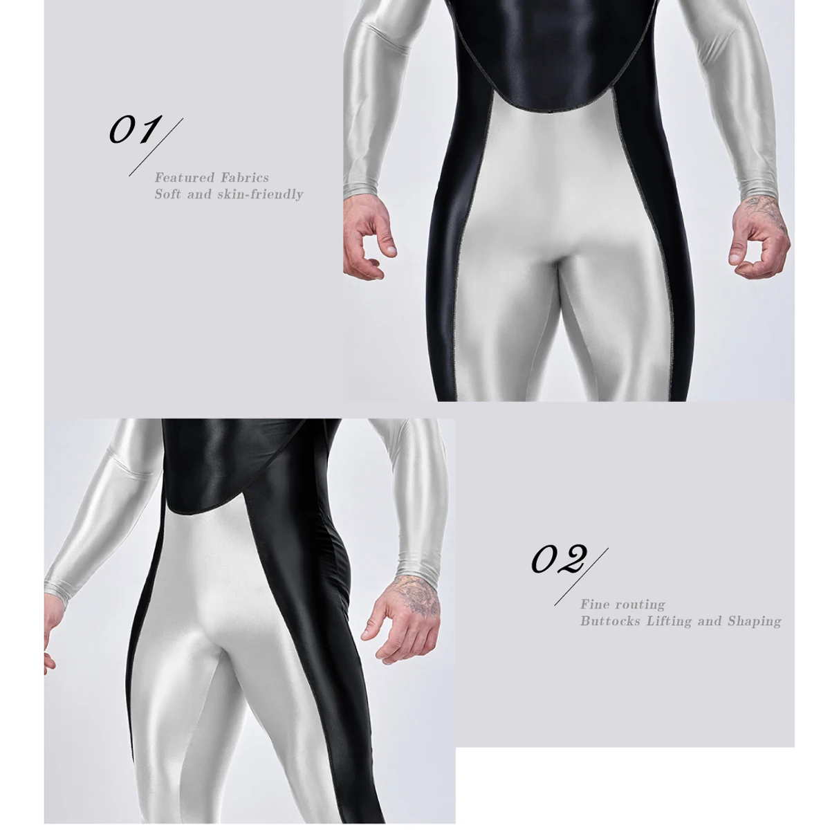 AMORESY Men Oil Glossy Shiny Satin Smooth Sports Tracksuit Long-sleeve Patchwork Bodybuilding Cycling Jumpsuit Bodysuit Catsuit