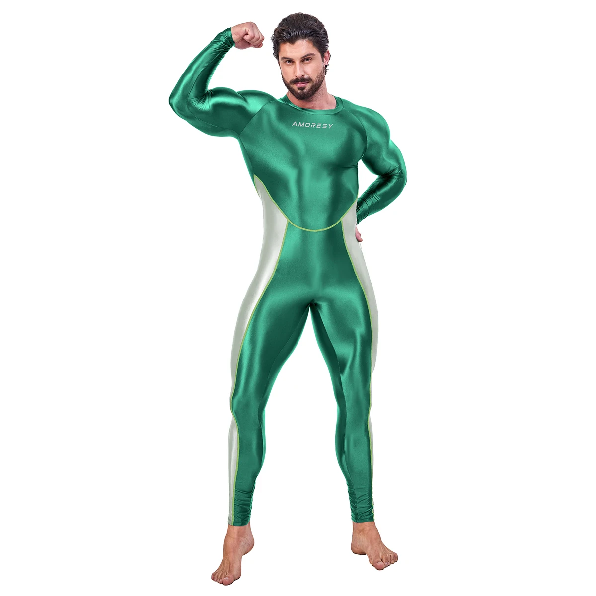 AMORESY Men Oil Glossy Shiny Satin Smooth Sports Tracksuit Long-sleeve Patchwork Bodybuilding Cycling Jumpsuit Bodysuit Catsuit