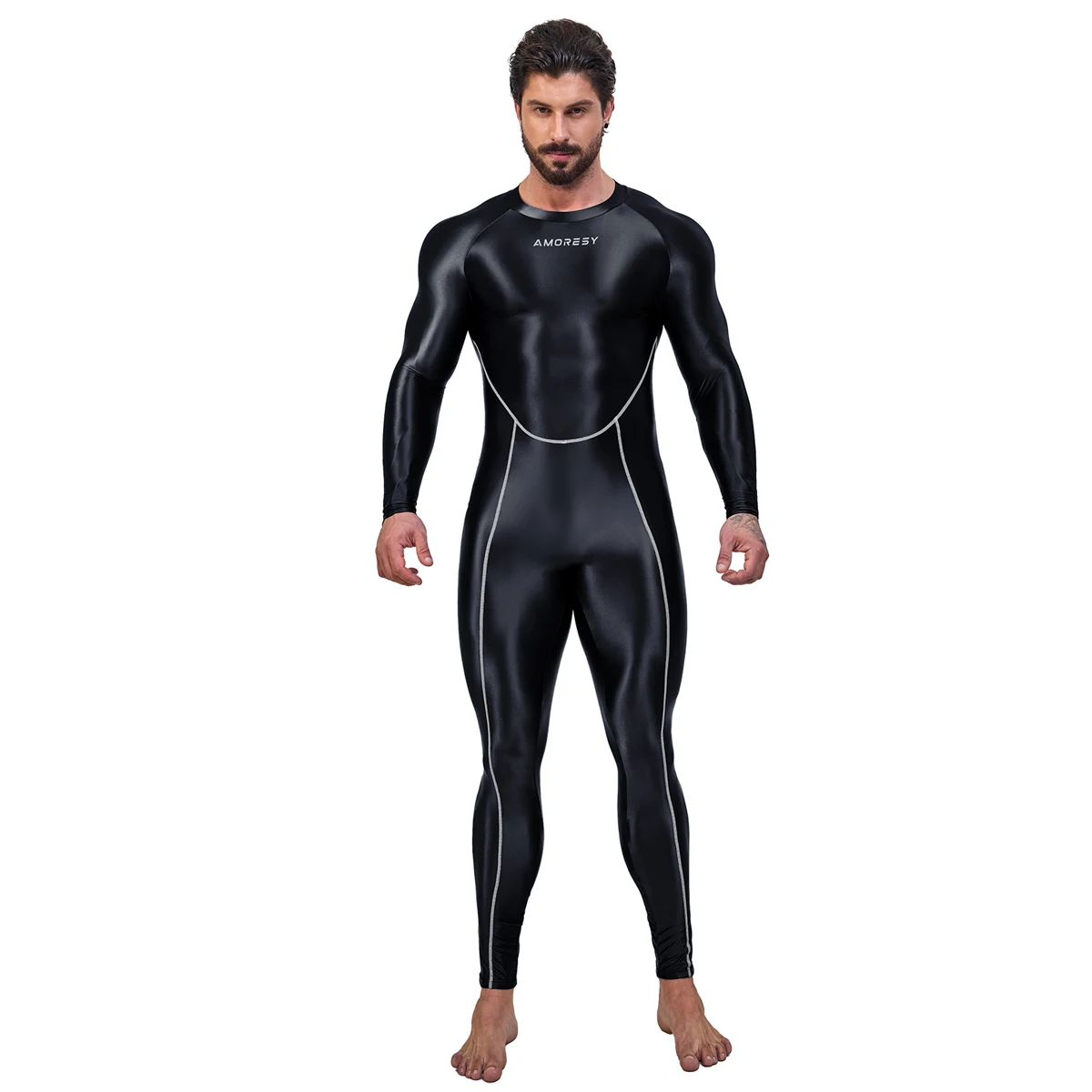 AMORESY Men Oil Glossy Shiny Satin Smooth Sports Tracksuit Long-sleeve Patchwork Bodybuilding Cycling Jumpsuit Bodysuit Catsuit