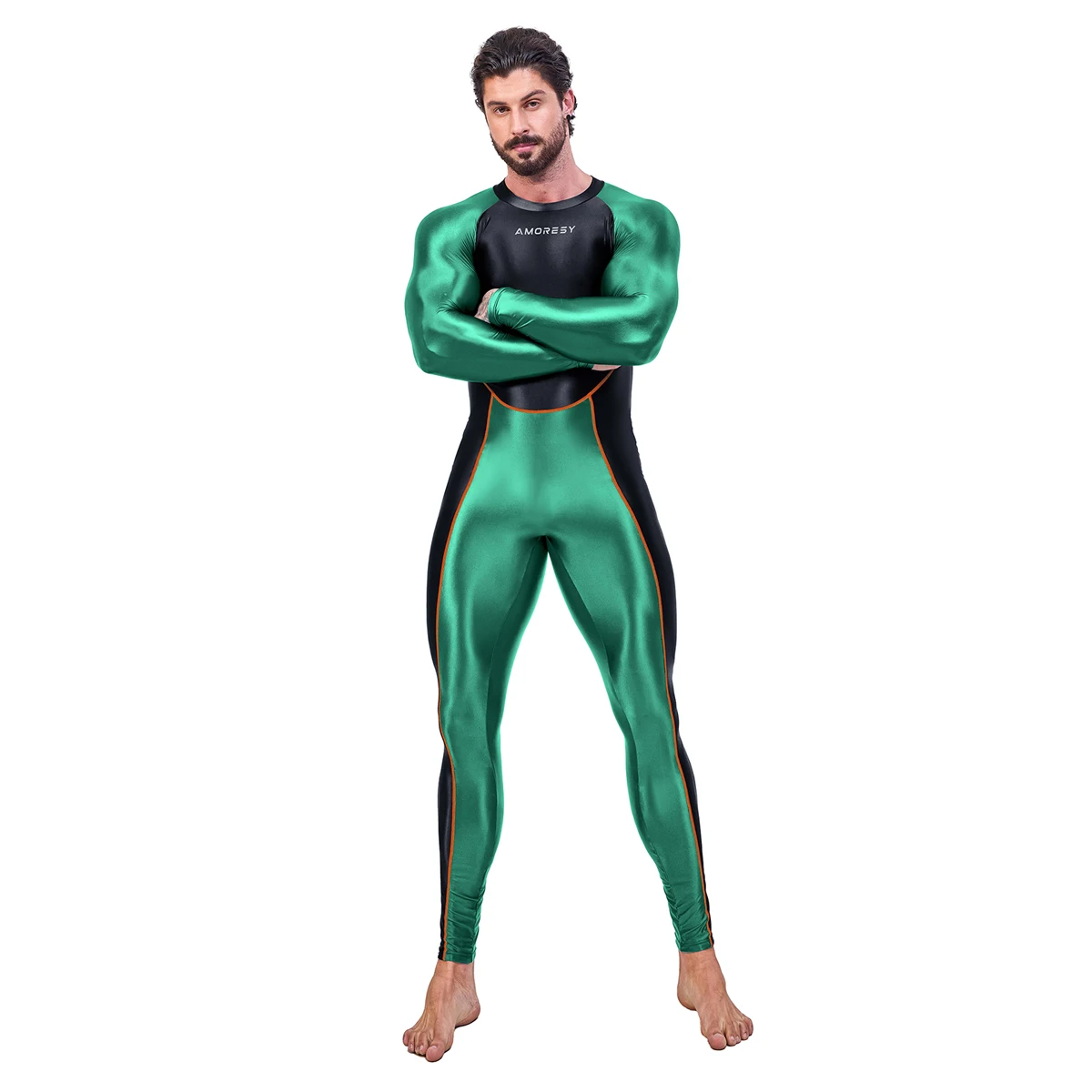 AMORESY Men Oil Glossy Shiny Satin Smooth Sports Tracksuit Long-sleeve Patchwork Bodybuilding Cycling Jumpsuit Bodysuit Catsuit